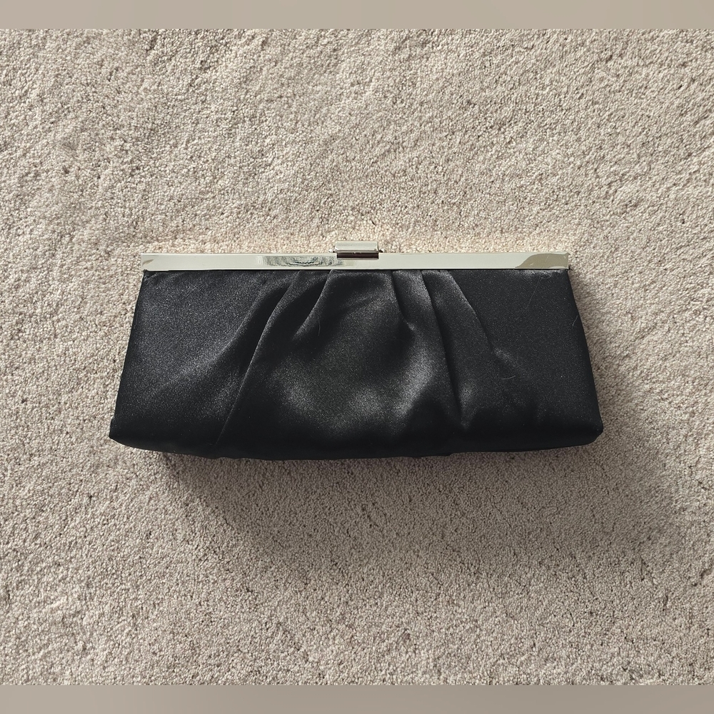 Jessica McClintock black satin clutch with silver details and chain, vintage EUC